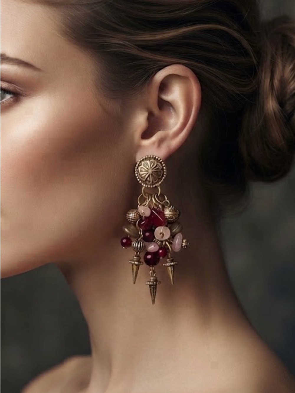 Gold-Tone Red & Pink Cluster Drop Earrings